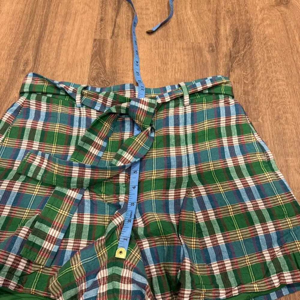 J.Crew Womens Green White Red Plaid Pleated Belted Dress Shorts Size 2 XS